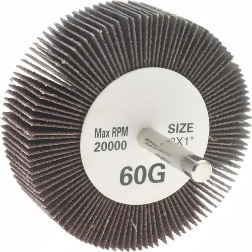Mounted Flap Wheel: 3" Dia, 1" Face Width, 60 Grit, Aluminum Oxide Mounted Flap Wheel: 3" Dia, 1" Face Width, 60 Grit, Aluminum Oxide