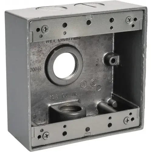 Electrical Outlet Box: Aluminum, Square, 4-9/16" OAH, 4-5/8" OAW, 2-1/16" OAD, 2 Gangs Electrical Outlet Box: Aluminum, Square, 4-9/16" OAH, 4-5/8" OAW, 2-1/16" OAD, 2 Gangs