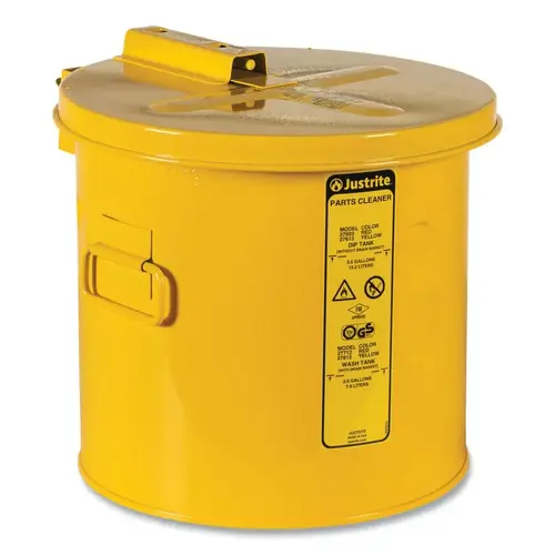 Dip Tank for Cleaning Parts, Manual Cover with Fusible Link, 11.25 in H x 11.375 in dia Outer, 3.5 gal, Steel, Yellow Dip Tank for Cleaning Parts, Manual Cover with Fusible Link, 11.25 in H x 11.375 in dia Outer, 3.5 gal, Steel, Yellow
