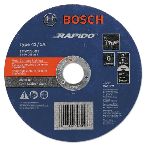 Thin Cutting/Rapido Type 1A (ISO 41) Wheels, 6 X .045, 7/8 in Arbor, AS60INOX-BF Thin Cutting/Rapido Type 1A (ISO 41) Wheels, 6 X .045, 7/8 in Arbor, AS60INOX-BF
