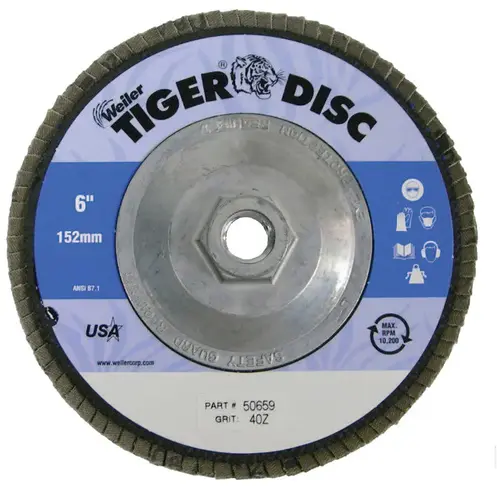 Tiger Disc Abrasive Flap Discs, 6 in,40 Grit, 5/8 Arbor, 10,200 rpm Tiger Disc Abrasive Flap Discs, 6 in,40 Grit, 5/8 Arbor, 10,200 rpm