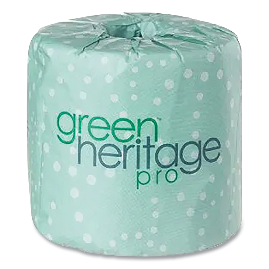 GREEN HERITAGE 500TT Toilet Paper and Tissue Roll, 3.1 in W x 4 in L, Embossed, Recycled, 500 Sheets/RL, 96 EA/CA White