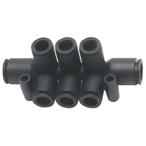 Push-To-Connect Push On Tube Fitting: Double Multiple Tee with Mounting Holes, Tee 3/8 x 1/4" OD Push-To-Connect Push On Tube Fitting: Double Multiple Tee with Mounting Holes, Tee 3/8 x 1/4" OD