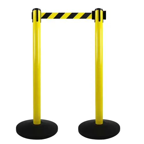 Retractable Belt Barrier Post: 10 ft Belt Length, Steel Post, Metal Base Retractable Belt Barrier Post: 10 ft Belt Length, Steel Post, Metal Base
