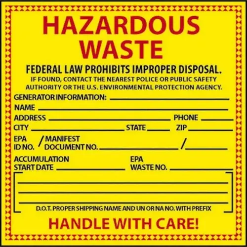 Hazardous Material Label: "Hazardous Waste - Federal Law Prohibits Improper Disposal", Square, 6" Wide, 6" High