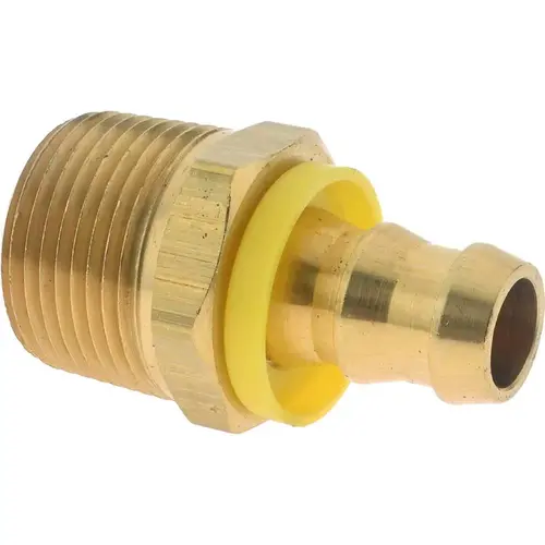 Barbed Push-On Hose Male Connector: 3/4" NPTF, Brass, 1/2" Barb