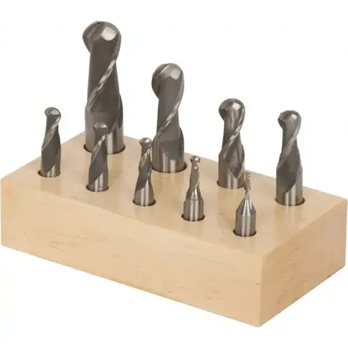 End Mill Set: 2 Flute, Ball End, 9Pc Bright/Uncoated End Mill Set: 2 Flute, Ball End, 9Pc Bright/Uncoated