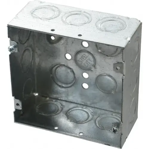 Electrical Outlet Box: Steel, Square, 4-11/16" OAH, 4-11/16" OAW, 2-1/8" OAD, 2 Gangs Electrical Outlet Box: Steel, Square, 4-11/16" OAH, 4-11/16" OAW, 2-1/8" OAD, 2 Gangs