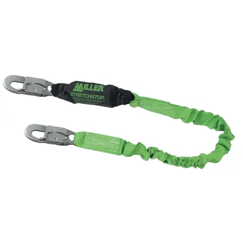 StretchStop Lanyard w/Shock Absorber, 6ft, Anchorage Connection, 1 Leg,Green StretchStop Lanyard w/Shock Absorber, 6ft, Anchorage Connection, 1 Leg,Green
