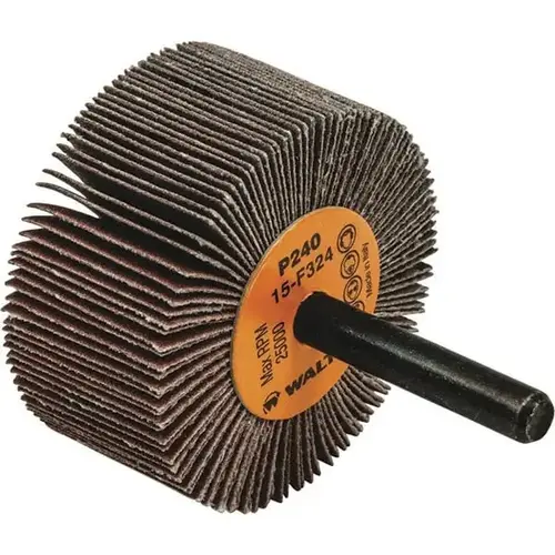 Mounted Flap Wheel: 2" Dia, 1" Face Width, 240 Grit, Aluminum Oxide Mounted Flap Wheel: 2" Dia, 1" Face Width, 240 Grit, Aluminum Oxide