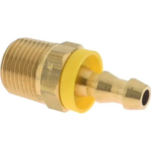 Barbed Push-On Hose Male Connector: 3/8" NPTF, Brass, 1/4" Barb