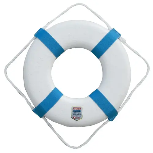 Life Ring 25" White Styrofoam- w/Blue Bands & Rope