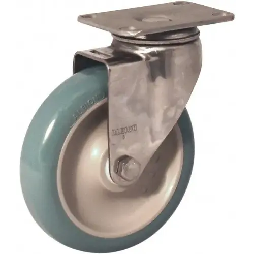 Swivel Top Plate Caster: Antimicrobial Polyurethane over Polypropylene, 5" Wheel Dia, 1-1/4" Wheel Width, 350 lb Capacity, 6-3/16" OAH