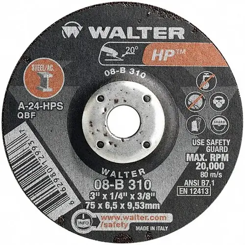 Depressed Grinding Wheel: Type 27, 3" Dia, 1/4" Thick, 3/8" Hole, Aluminum Oxide
