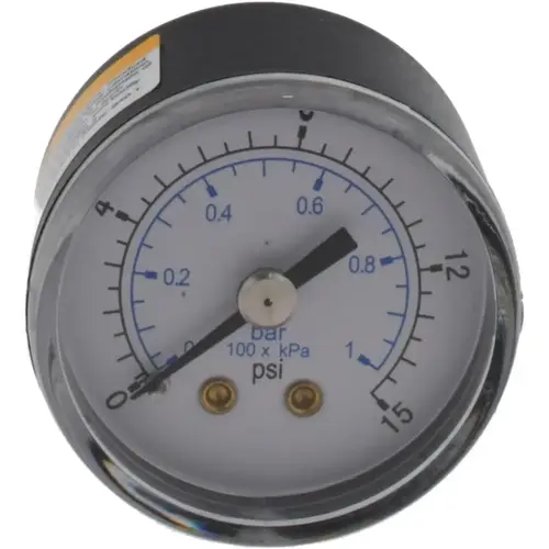 Pressure Gauge: 1-1/2" Dial, 15 psi, 1/8" Thread, NPT, Center Back Mount Pressure Gauge: 1-1/2" Dial, 15 psi, 1/8" Thread, NPT, Center Back Mount