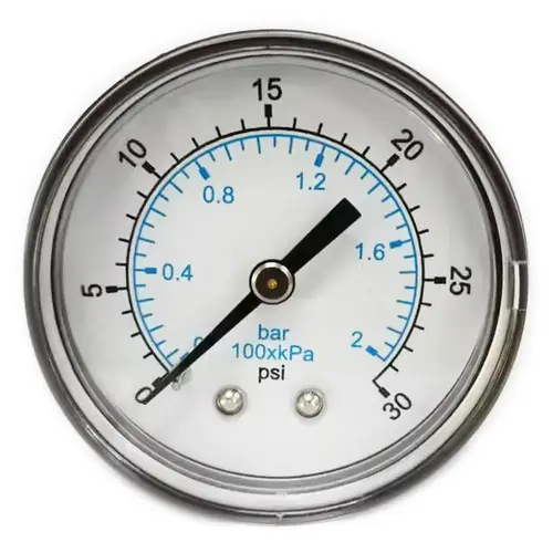 Pressure Gauge: 2" Dial, 30 psi, 1/4" Thread, NPT, Center Back Mount Pressure Gauge: 2" Dial, 30 psi, 1/4" Thread, NPT, Center Back Mount