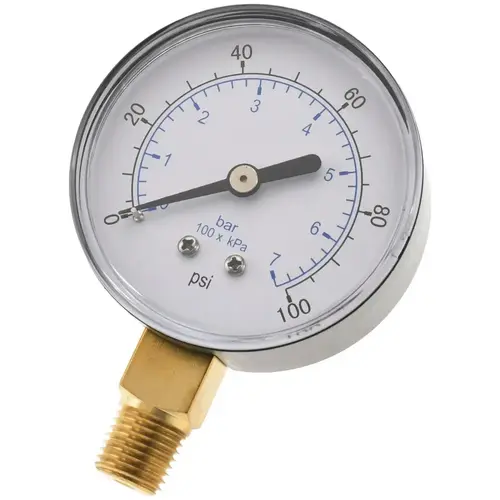 Pressure Gauge: 2-1/2" Dial, 100 psi, 1/4" Thread, NPT, Lower Mount Pressure Gauge: 2-1/2" Dial, 100 psi, 1/4" Thread, NPT, Lower Mount