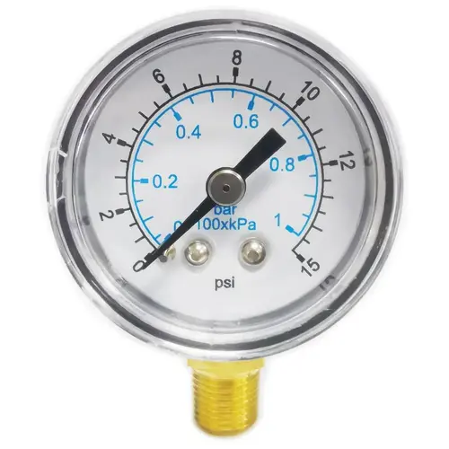 Pressure Gauge: 1-1/2" Dial, 15 psi, 1/8" Thread, NPT, Lower Mount