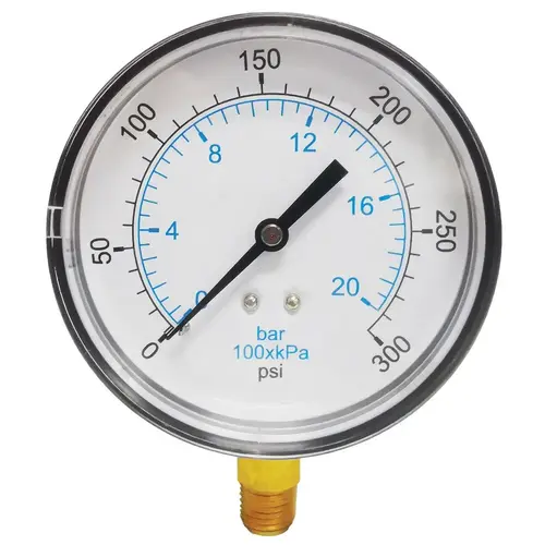 Pressure Gauge: 3-1/2" Dial, 300 psi, 1/4" Thread, NPT, Lower Mount Pressure Gauge: 3-1/2" Dial, 300 psi, 1/4" Thread, NPT, Lower Mount