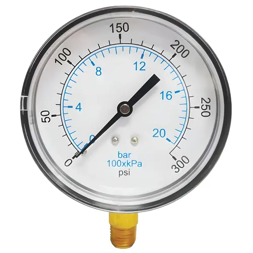 Pressure Gauge: 3-1/2" Dial, 300 psi, 1/4" Thread, NPT, Lower Mount Pressure Gauge: 3-1/2" Dial, 300 psi, 1/4" Thread, NPT, Lower Mount
