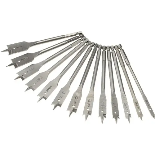 Drill Bit Set: Spade Drill Bits, 13 Pc, 1" Drill Bit Size, 130 degree, Carbon Steel Bright/Uncoated