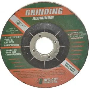 Rex Cut Abrasives 245051 Depressed Grinding Wheel: Type 27, 4-1/2" Dia, 1/4" Thick, 7/8" Hole, Aluminum Oxide