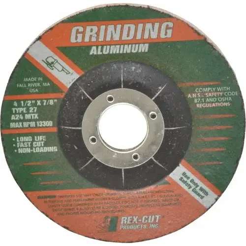 Depressed Grinding Wheel: Type 27, 4-1/2" Dia, 1/4" Thick, 7/8" Hole, Aluminum Oxide