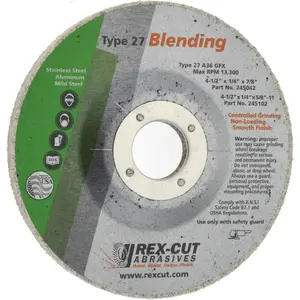 Rex Cut Abrasives 245042 Depressed Grinding Wheel: Type 27, 4-1/2" Dia, 1/4" Thick, 7/8" Hole, Aluminum Oxide