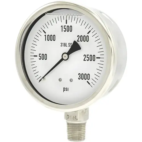 Pressure Gauge: 4" Dial Dia, 0 to 3,000 psi, 1/2" NPT, Lower Mount