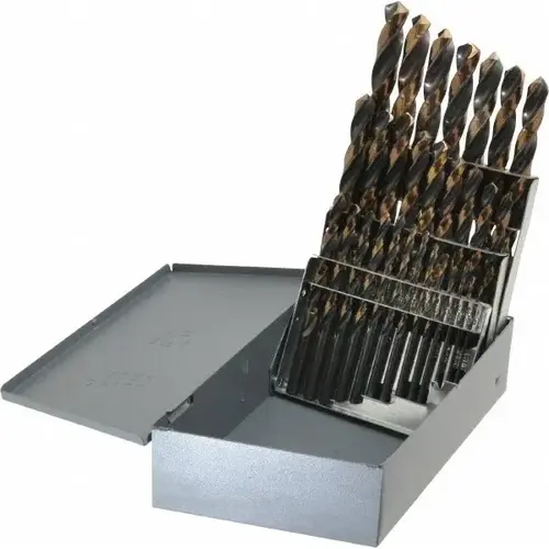 Drill Bit Set: Jobber Length Drill Bits, 29 Pc, 118 degree, High Speed Steel Gold Finish Drill Bit Set: Jobber Length Drill Bits, 29 Pc, 118 degree, High Speed Steel Gold Finish