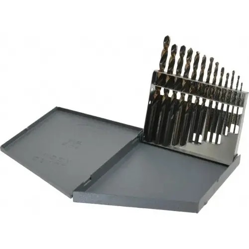 Drill Bit Set: Jobber Length Drill Bits, 13 Pc, 118 degree, High Speed Steel Gold Finish