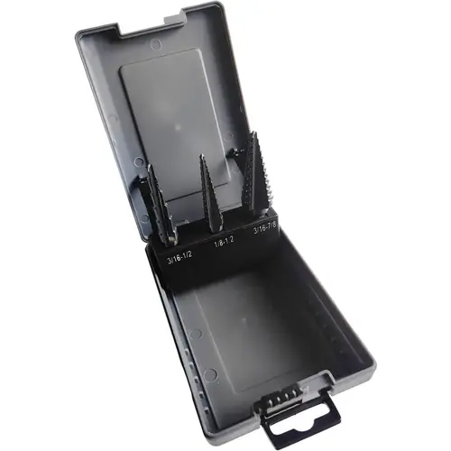 Drill Bit Sets; Drill Bit Set Type: Step Drill Bit Set ; Number of Pieces: 3 ; Tool Material: High-Speed Steel ; Minimum Drill Bit Size (Frac Inch): 1/8 ; Maximum Drill Bit Size (Frac Inch): 7/8 ; Shank Type: 3-Flat Black Oxide Drill Bit Sets; Drill Bit Set Type: Step Drill Bit Set ; Number of Pieces: 3 ; Tool Material: High-Speed Steel ; Minimum Drill Bit Size (Frac Inch): 1/8 ; Maximum Drill Bit Size (Frac Inch): 7/8 ; Shank Type: 3-Flat Black Oxide