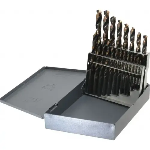 Drill Bit Set: Jobber Length Drill Bits, 21 Pc, 118 degree, High Speed Steel Gold Finish