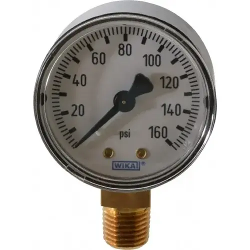 Pressure Gauge: 2" Dial, 0 to 160 psi, 1/4" Thread, NPT, Lower Mount
