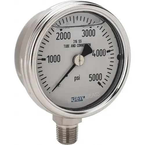 Pressure Gauge: 2-1/2" Dial, 0 to 5,000 psi, 1/4" Thread, NPT, Lower Mount Pressure Gauge: 2-1/2" Dial, 0 to 5,000 psi, 1/4" Thread, NPT, Lower Mount
