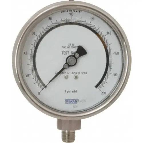 Pressure Gauge: 4" Dial, 0 to 200 psi, 1/4" Thread, NPT, Lower Mount Pressure Gauge: 4" Dial, 0 to 200 psi, 1/4" Thread, NPT, Lower Mount