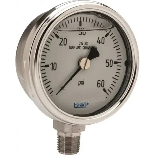 Pressure Gauge: 2-1/2" Dial, 0 to 60 psi, 1/4" Thread, NPT, Lower Mount Pressure Gauge: 2-1/2" Dial, 0 to 60 psi, 1/4" Thread, NPT, Lower Mount