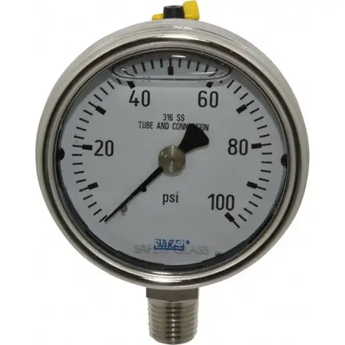 Pressure Gauge: 2-1/2" Dial, 0 to 100 psi, 1/4" Thread, NPT, Lower Mount Pressure Gauge: 2-1/2" Dial, 0 to 100 psi, 1/4" Thread, NPT, Lower Mount