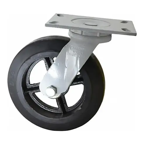 Swivel Top Plate Caster: Rubber, 6" Wheel Dia, 2" Wheel Width, 410 lb Capacity, 7-1/4" OAH