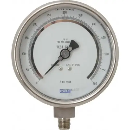 Pressure Gauge: 4" Dial, 0 to 600 psi, 1/4" Thread, NPT, Lower Mount Pressure Gauge: 4" Dial, 0 to 600 psi, 1/4" Thread, NPT, Lower Mount