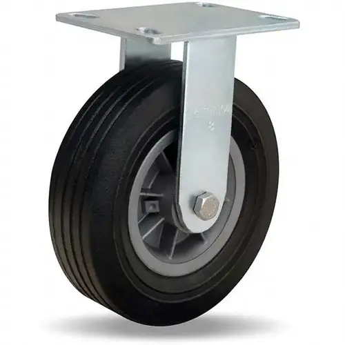 Rigid Top Plate Caster: Rubber, 8" Wheel Dia, 2-1/2" Wheel Width, 400 lb Capacity, 9-1/2" OAH