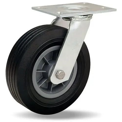 Swivel Top Plate Caster: Rubber, 8" Wheel Dia, 2-1/2" Wheel Width, 400 lb Capacity, 9-1/2" OAH Swivel Top Plate Caster: Rubber, 8" Wheel Dia, 2-1/2" Wheel Width, 400 lb Capacity, 9-1/2" OAH