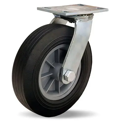 Swivel Top Plate Caster: Rubber, 10" Wheel Dia, 2-3/4" Wheel Width, 500 lb Capacity, 11-1/2" OAH