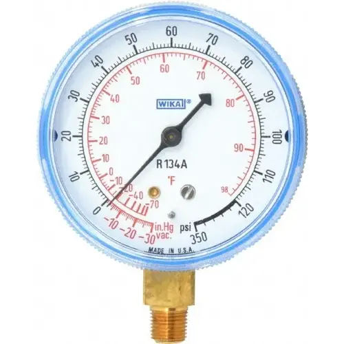Pressure Gauge: 2-1/2" Dial, 0 to 120 psi, 1/8" Thread, NPT, Lower Mount Pressure Gauge: 2-1/2" Dial, 0 to 120 psi, 1/8" Thread, NPT, Lower Mount