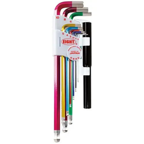 Hex Key Sets; Ball End: Yes ; Handle Type: Color Coded; L-Handle ; Measurement Type: Metric ; Hex Size: 1.5 mm, 2 mm, 2.5 mm, 3 mm, 4 mm, 5 mm, 6 mm, 8 mm, 10 mm ; Material: Steel ; Overall Length (mm): 235.0000