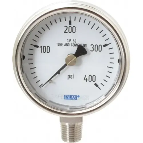 Pressure Gauge: 2-1/2" Dial, 0 to 400 psi, 1/4" Thread, NPT, Lower Mount Pressure Gauge: 2-1/2" Dial, 0 to 400 psi, 1/4" Thread, NPT, Lower Mount