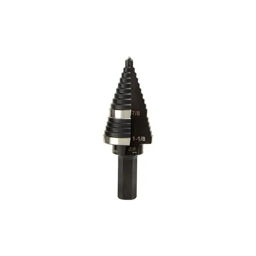 Step Drill Bits: 7/8" to 1-1/8" Hole Dia, 3/8" Shank Dia, High Speed Steel, 2 Hole Sizes Uncoated Step Drill Bits: 7/8" to 1-1/8" Hole Dia, 3/8" Shank Dia, High Speed Steel, 2 Hole Sizes Uncoated