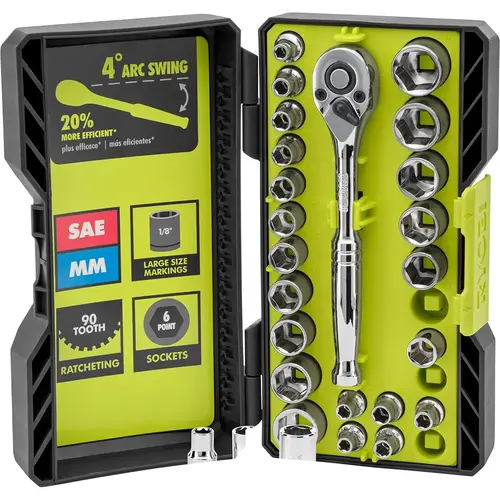 RYOBI 1/4" Drive Ratchet And Socket Set With Case, 26 Piece