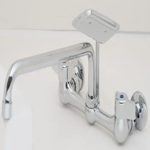 Gerber Two Handle Service Faucet, Chrome, Wall Mount, 8" Swing Spout, Soap Dish