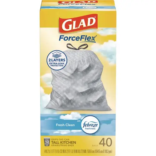 Glad Odorshield Kitchen Drawstring Bags, Fresh Clean, 13 Gallon, Carton Of 240 Glad Odorshield Kitchen Drawstring Bags, Fresh Clean, 13 Gallon, Carton Of 240